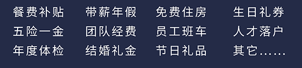 人生就是博员工福利：餐费补贴、五险一金、年度体检、带薪年假、团队经费、结婚礼金、免费住房、员工班车、节日礼品、生日礼券、人才落户、其它……